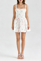 Hedy Elastic Printed Tie-Waist Mini Dress——Pink