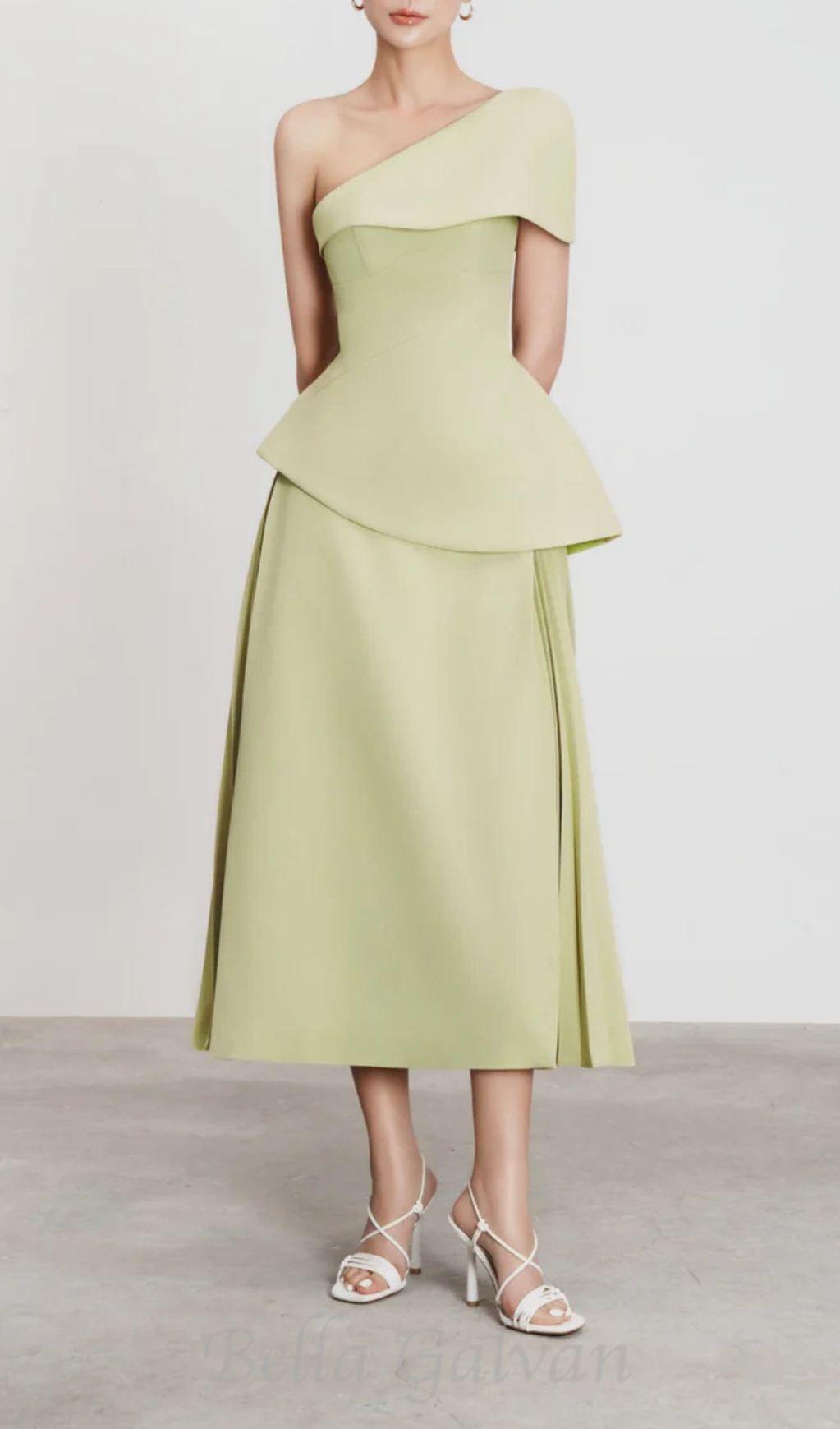 Flowering Girl Women One Shoulder Top Flare Midi Skirt suit in Olive Green