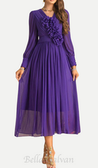 Flowering Girl Women three-dimensional flower v-neck purple chiffon maxi dress