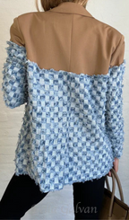 Flowering Girl Women two-tone Denim Checks Blazer in kahki
