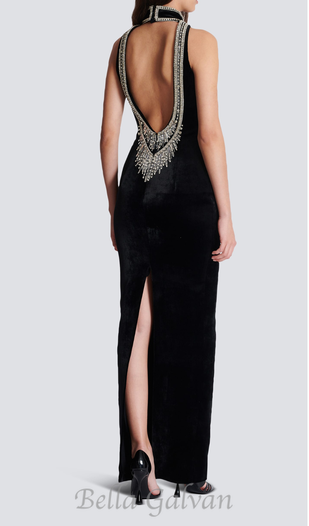 Flowering Girl Women embroidered velvet halterneck maxi dress in black
