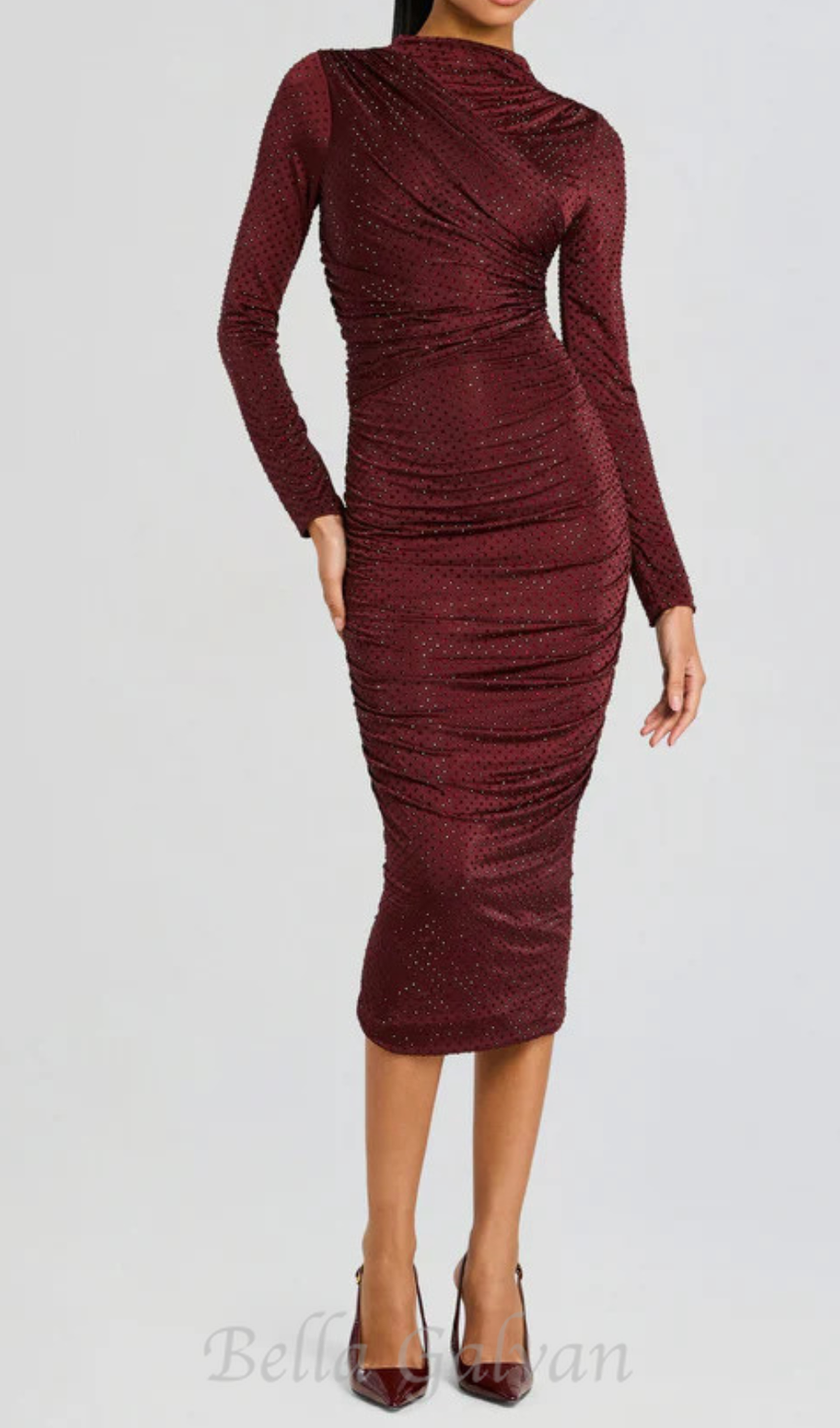 Flowering Girl Women Diamond embellished pleated Midi Dress in merlot