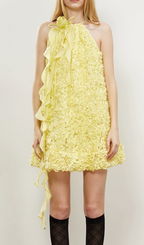 Flowering Girl Women Ribbon halter mini dress in yellow