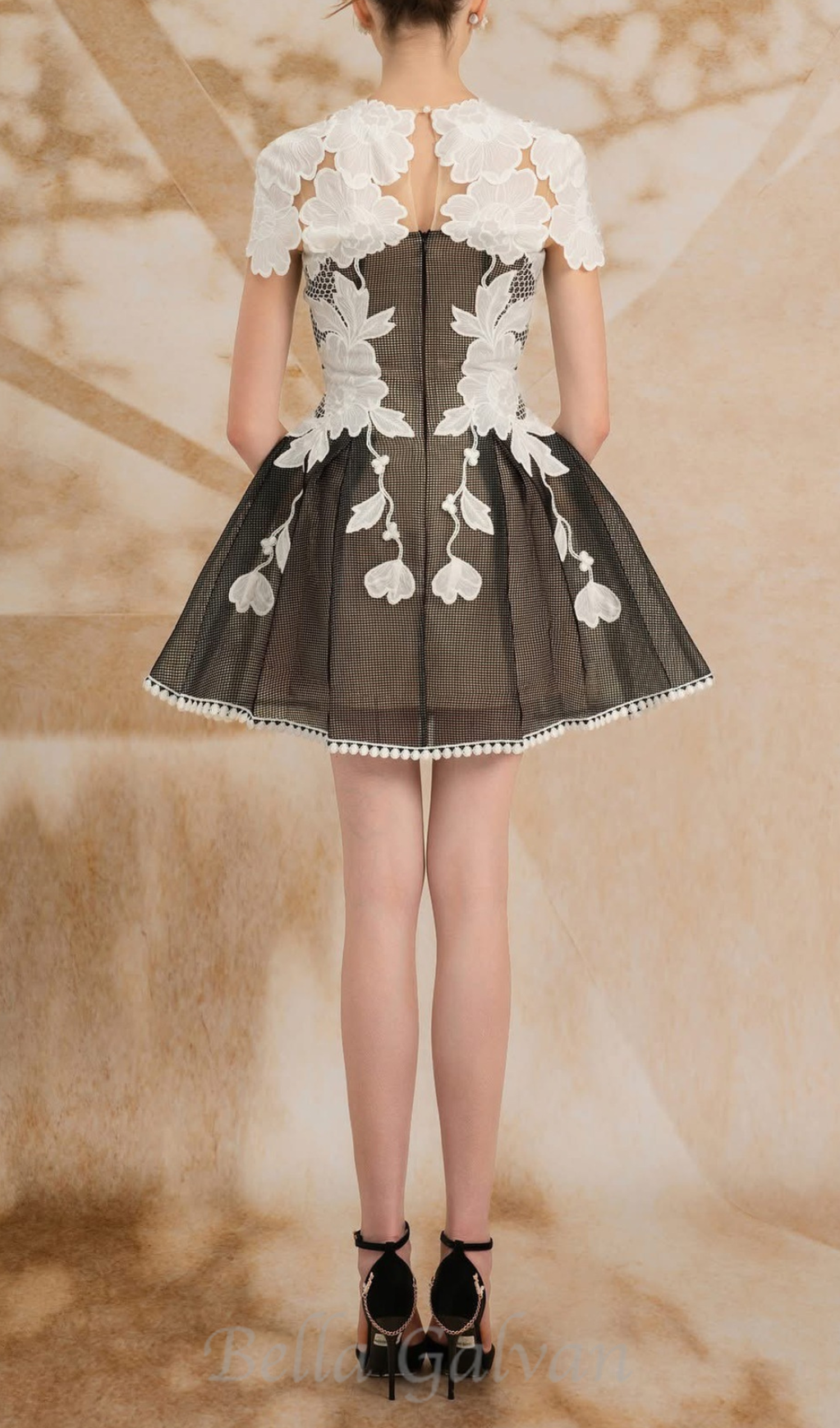 black-white lace flower embellished mini dress