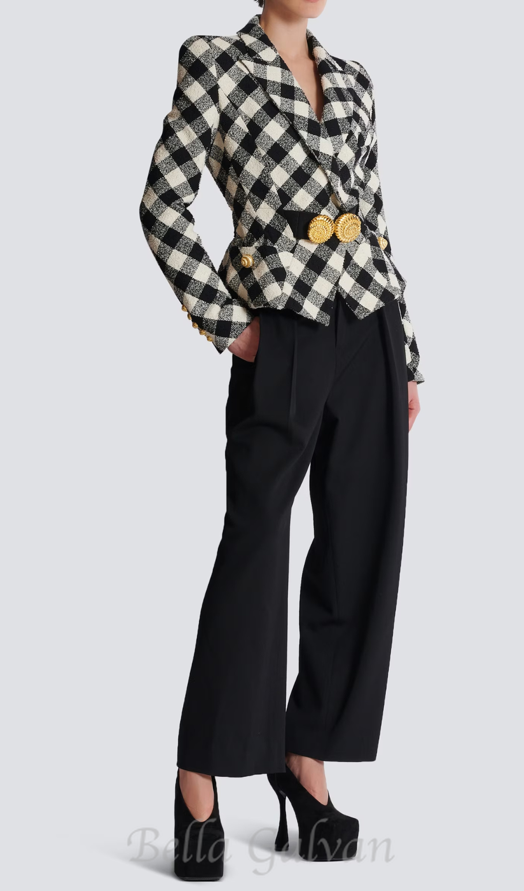 Flowering Girl Women Belted gingham tweed jacket with two Snail buttons