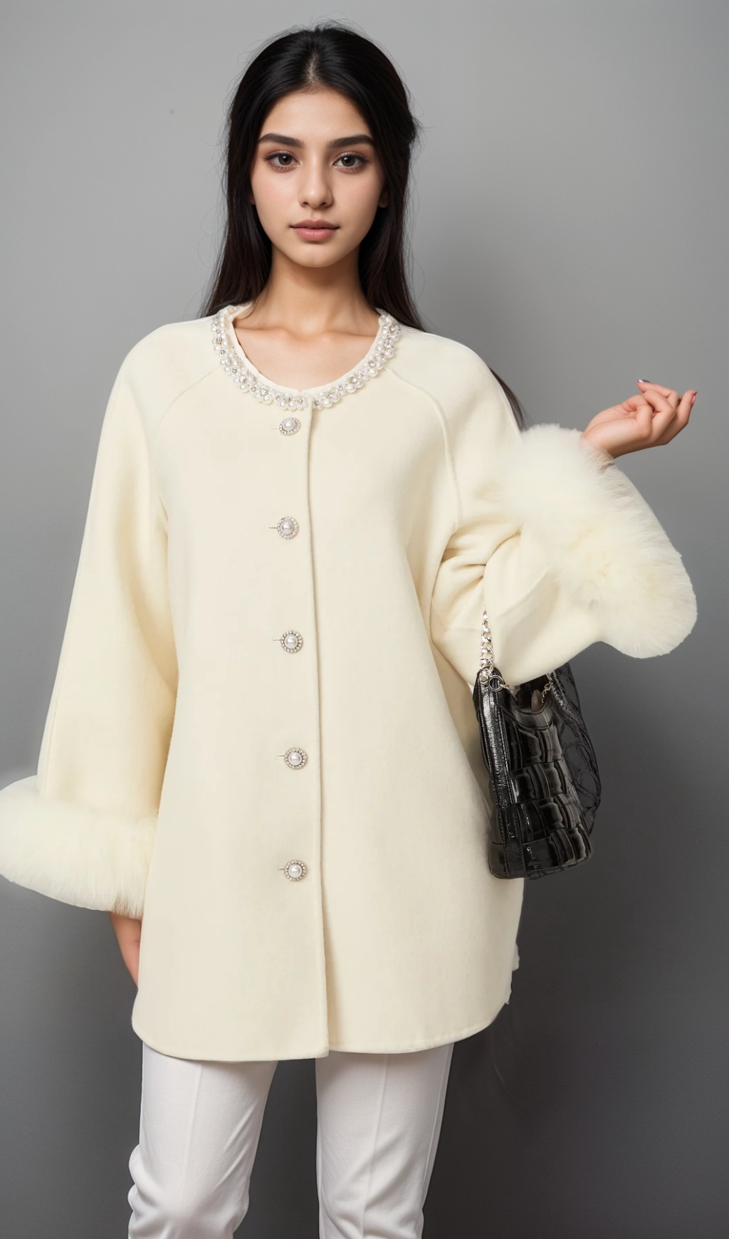 Flowering Girl Women Frédérique white wool fur embellished coat