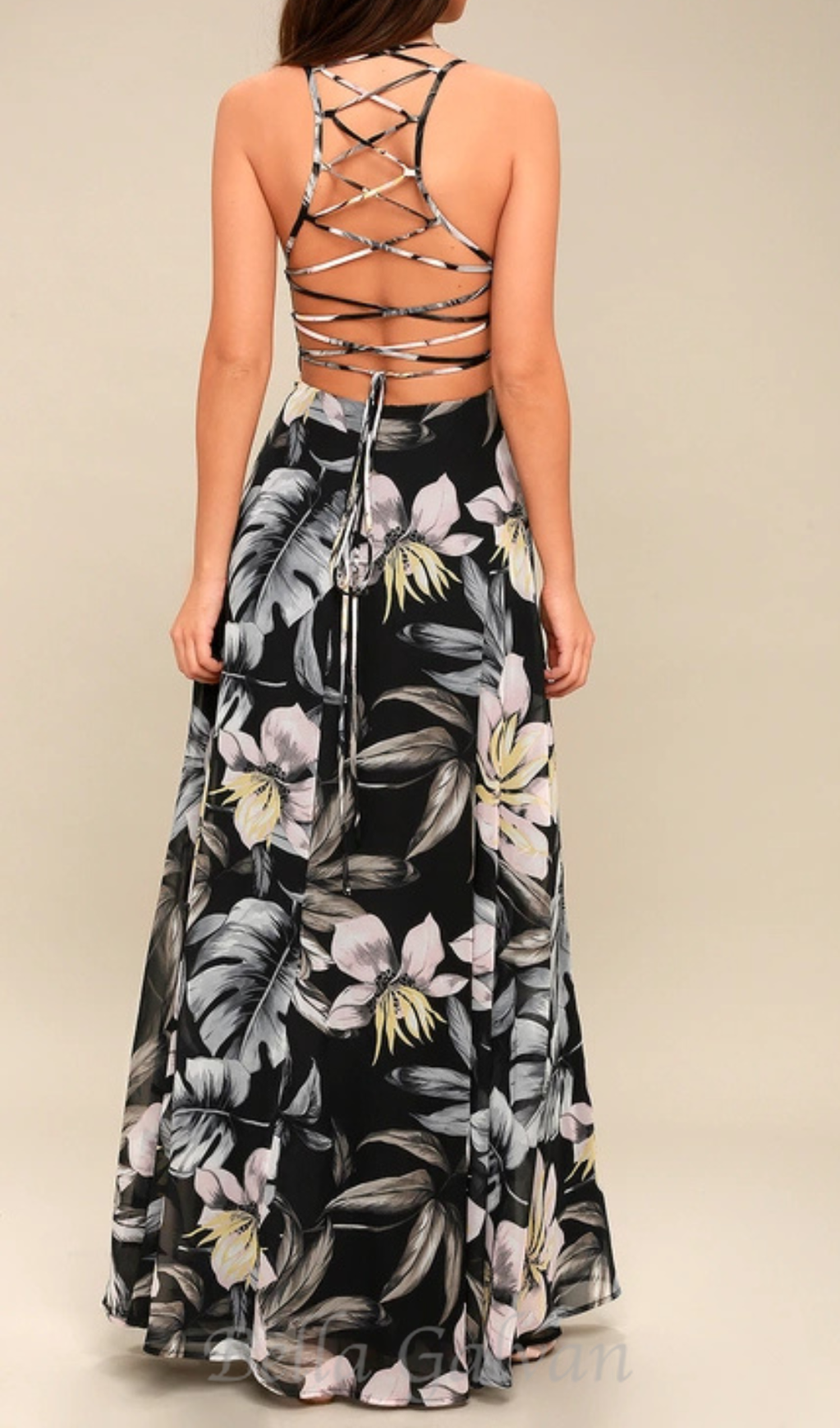 Flowering Girl Women Black Floral Print Lace-Up Maxi Dress