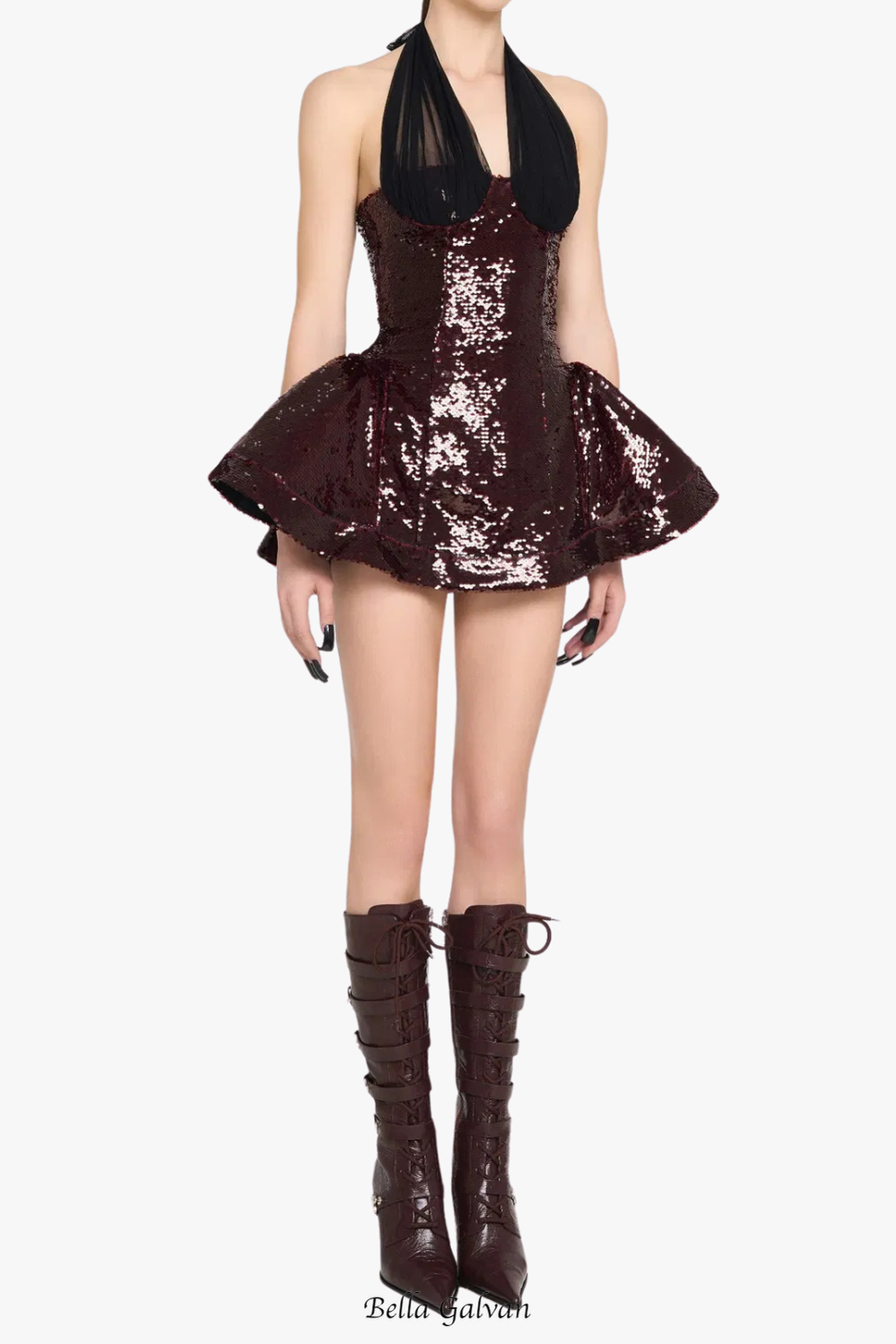 giselle sequin halter mini dress in merlot