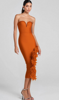 Flowering Girl Women OSTRICH FEATHER BANDAGE DRESS WITH V-NECKLINE IN BROWN