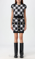 Flowering Girl Women button-embellished plaid texture mini dress
