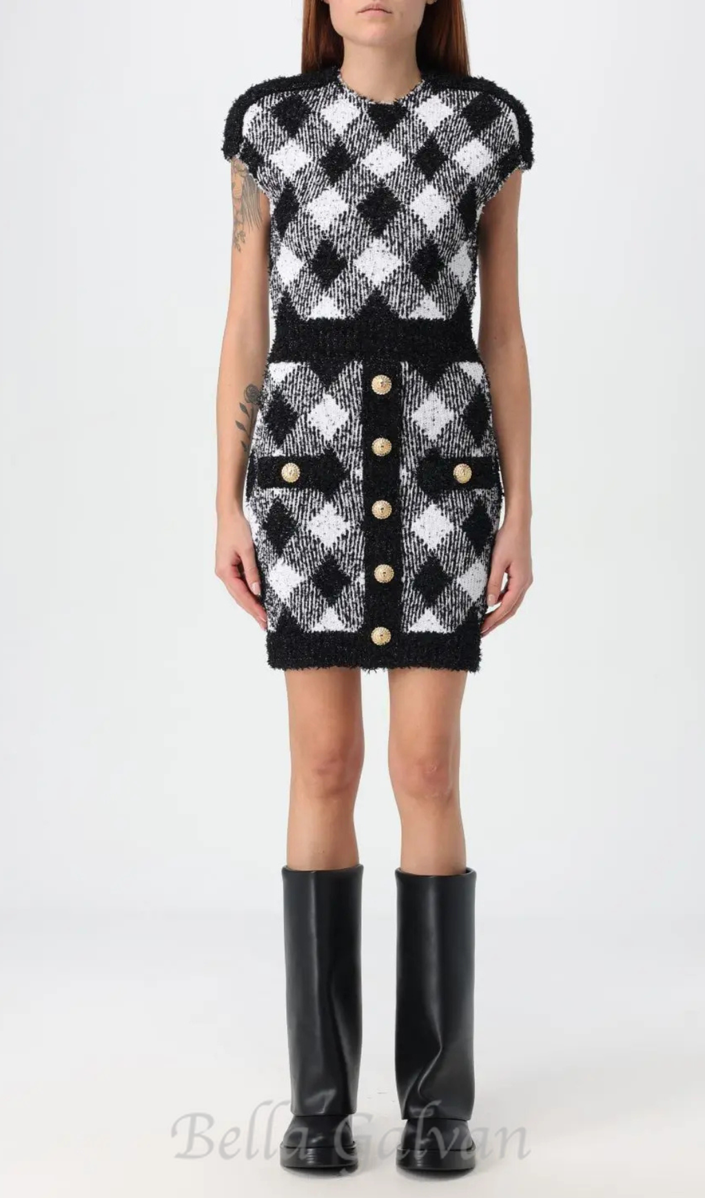 Flowering Girl Women button-embellished plaid texture mini dress
