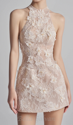 Flowering Girl Women Floral Lace Mini Dress In Beige Orange