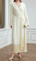 Flowering Girl Women belted satin fringe-hem dress in beige