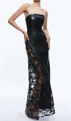 Flowering Girl Women Retha Faux Leather Lace Maxi Dress in black