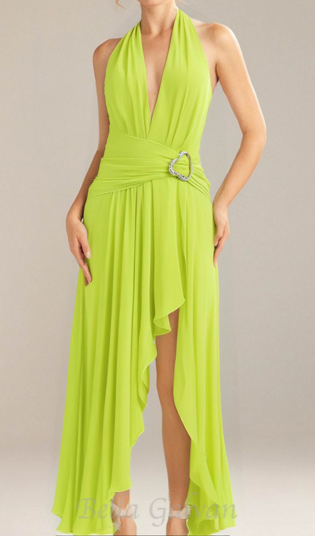 Flowering Girl Women maéva halter neck slit plunge neck maxi dress in green