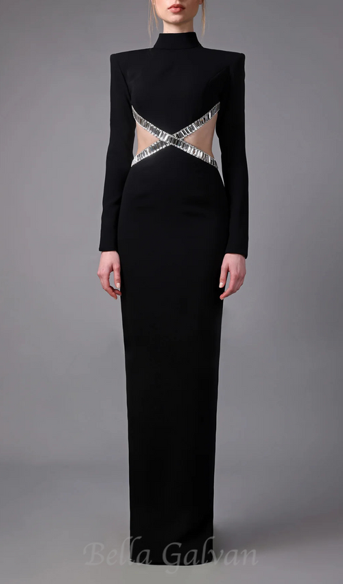 Flowering Girl Women baguette crystals side cutouts embroidered Black crêpe maxi dress