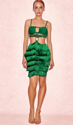 Flowering Girl Women GREEN RHINESTONE CUTOUT FRINGE DRESS