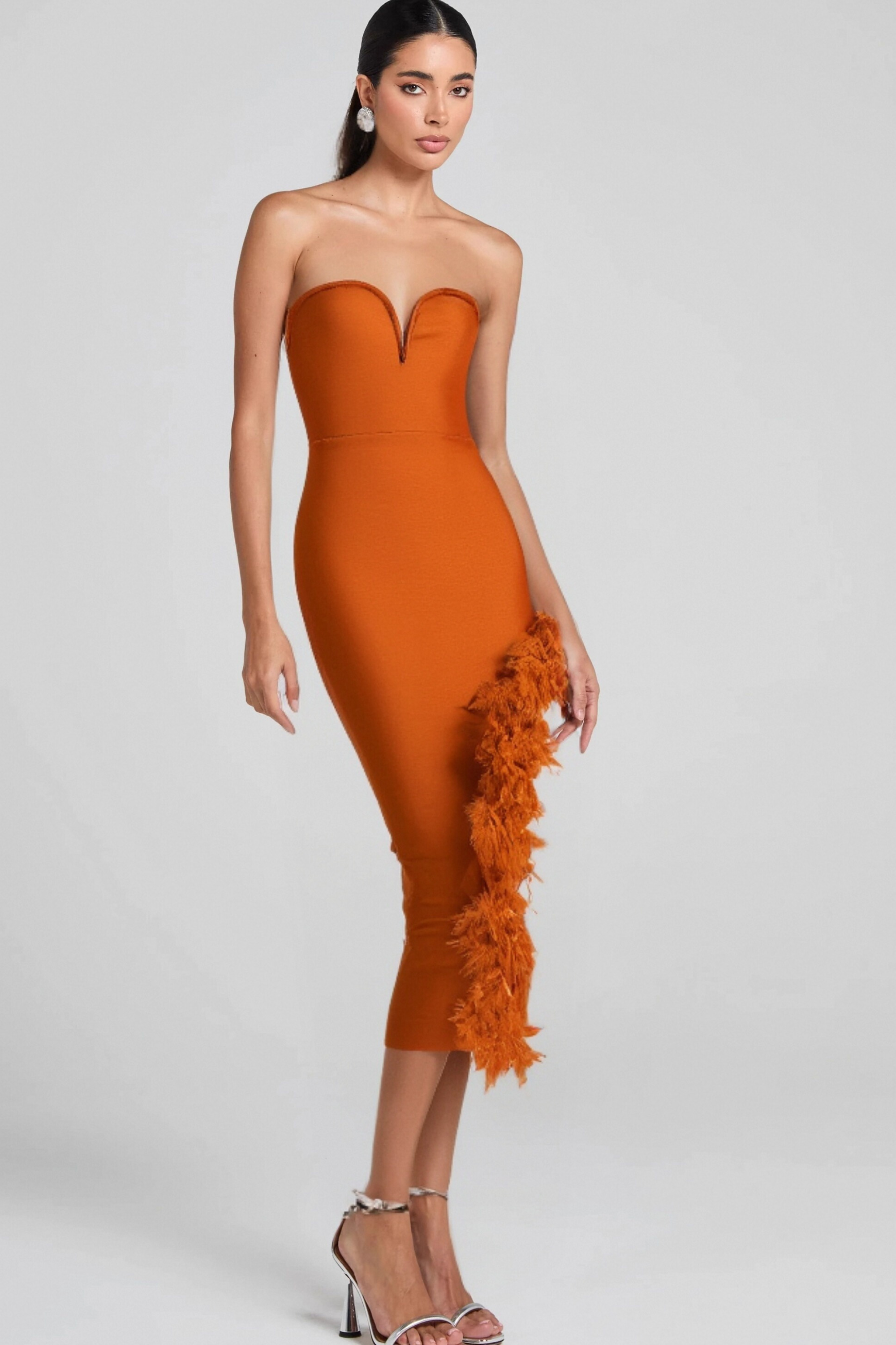 Flowering Girl Women Ostrich Feather Bandage Dress With V-Neckline In Brown