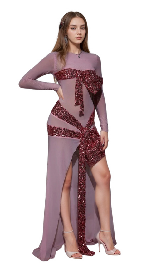 Flowering Girl Women arlene Zachary Long Sleeve Bow Sequin Dress