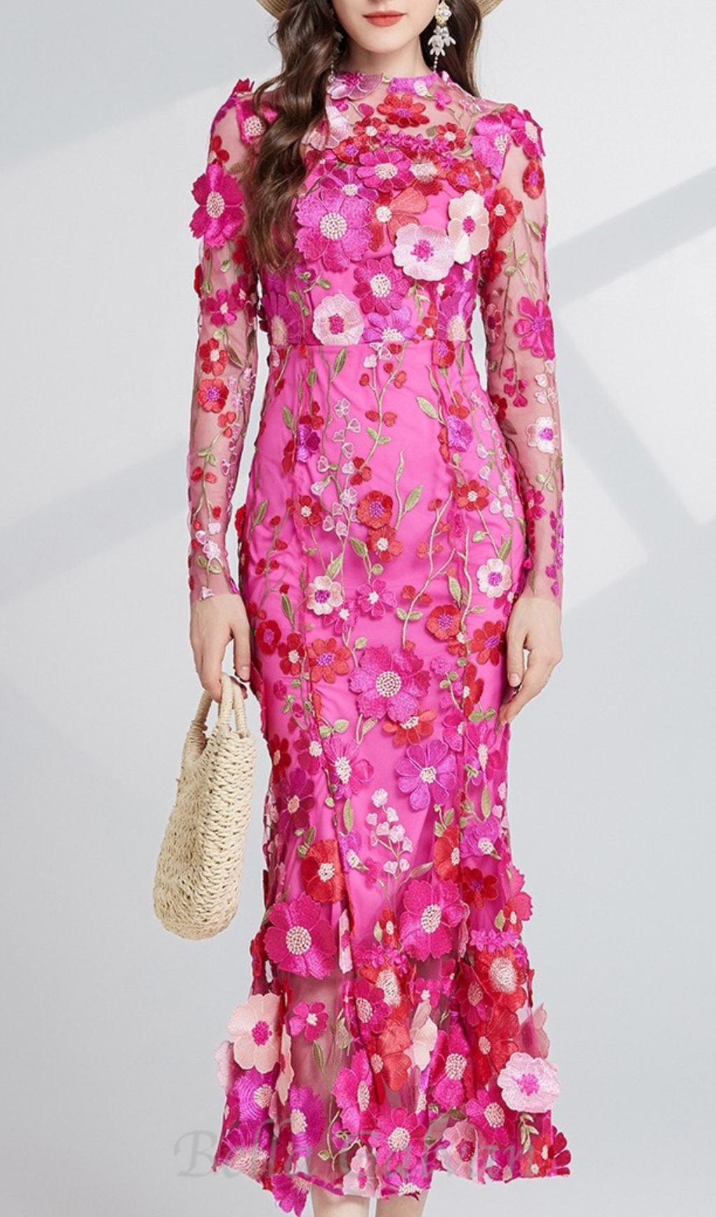 Flowering Girl Women CAROL ROSE RED FLORAL EMBROIDERY MESH LONG SLEEVE MIDI DRESS