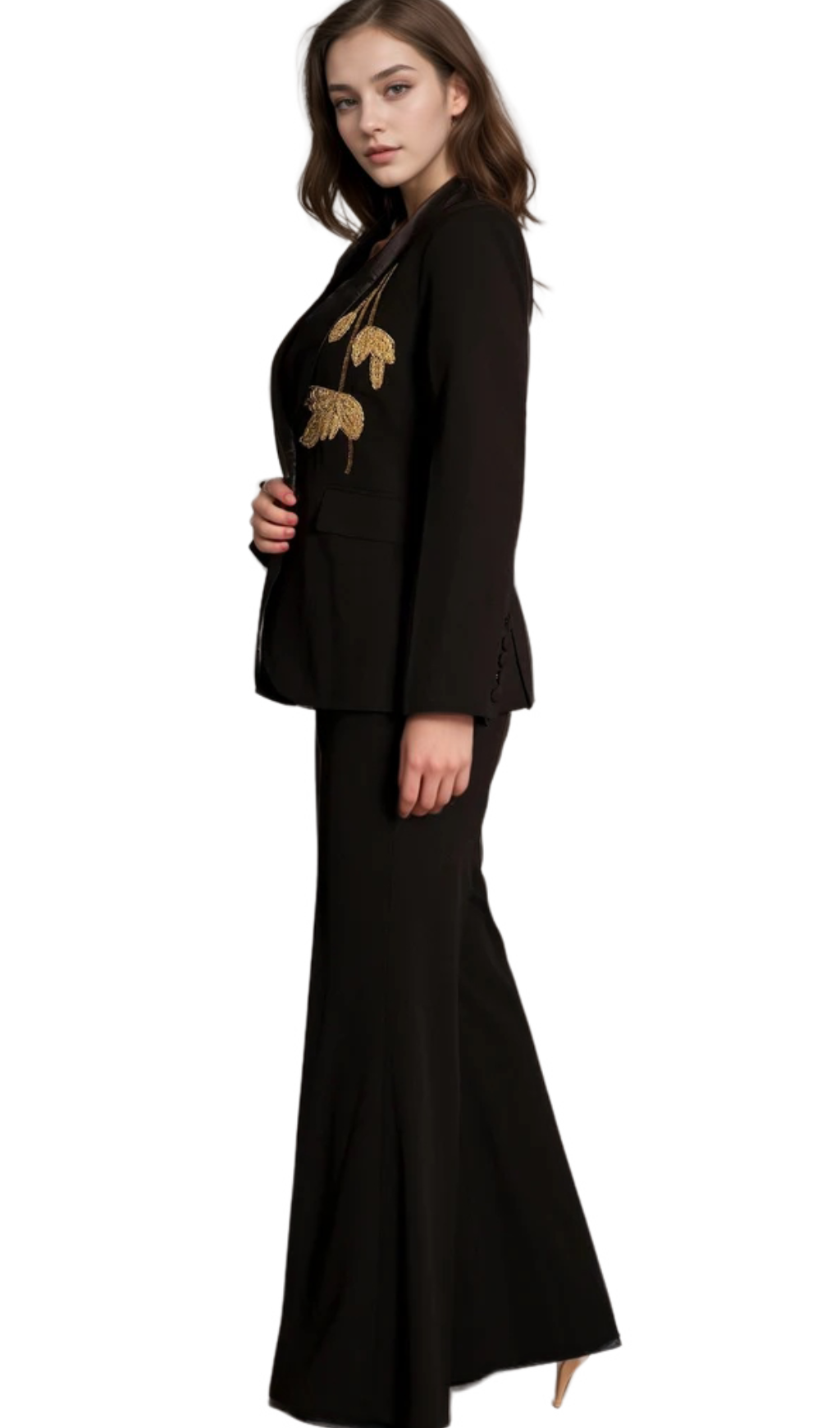 Flowering Girl Women angela Primatou Black Embroidered Flared Blazer Suit