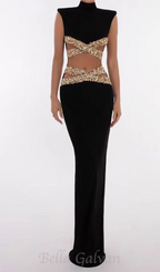Flowering Girl Women Gold X Beads Embellished Black maxi Dress