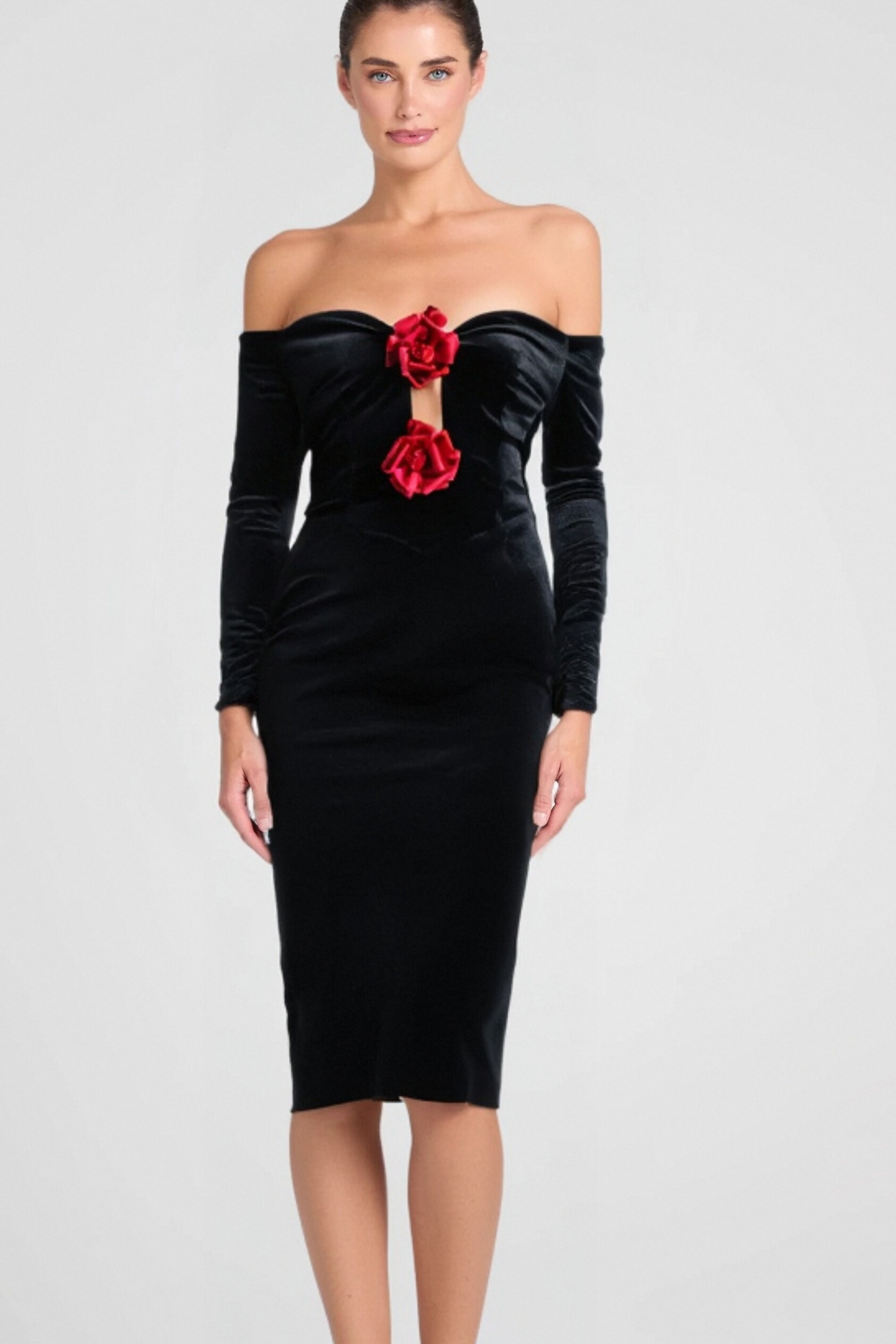 Flowering Girl Women Zanna Off Shoulders Flowers Velvet Maxi Dress In Black