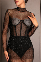 Flowering Girl Women Anthide Mesh See-Through Rhinestone Bodysuit