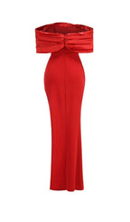 Flowering Girl Women Sophia Off Shoulder Ruched Maxi Slit Dress in red