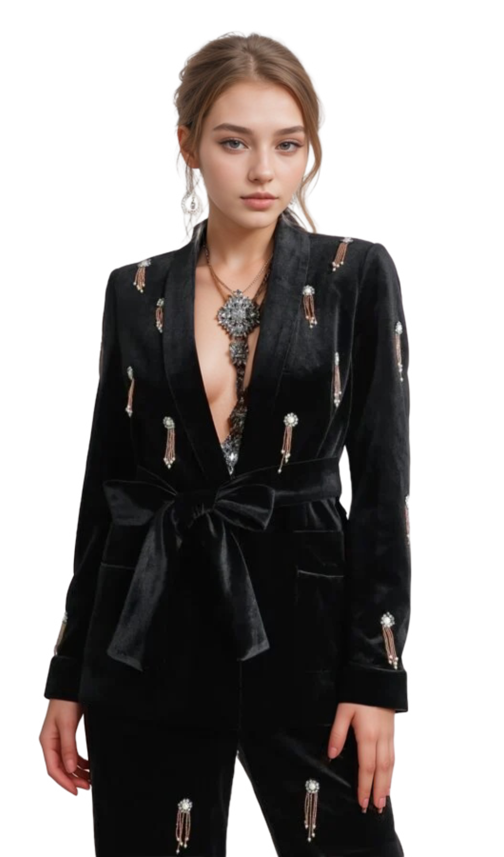 Flowering Girl Women apphia Velvet Diamond embellished blazer 2 Piece in black