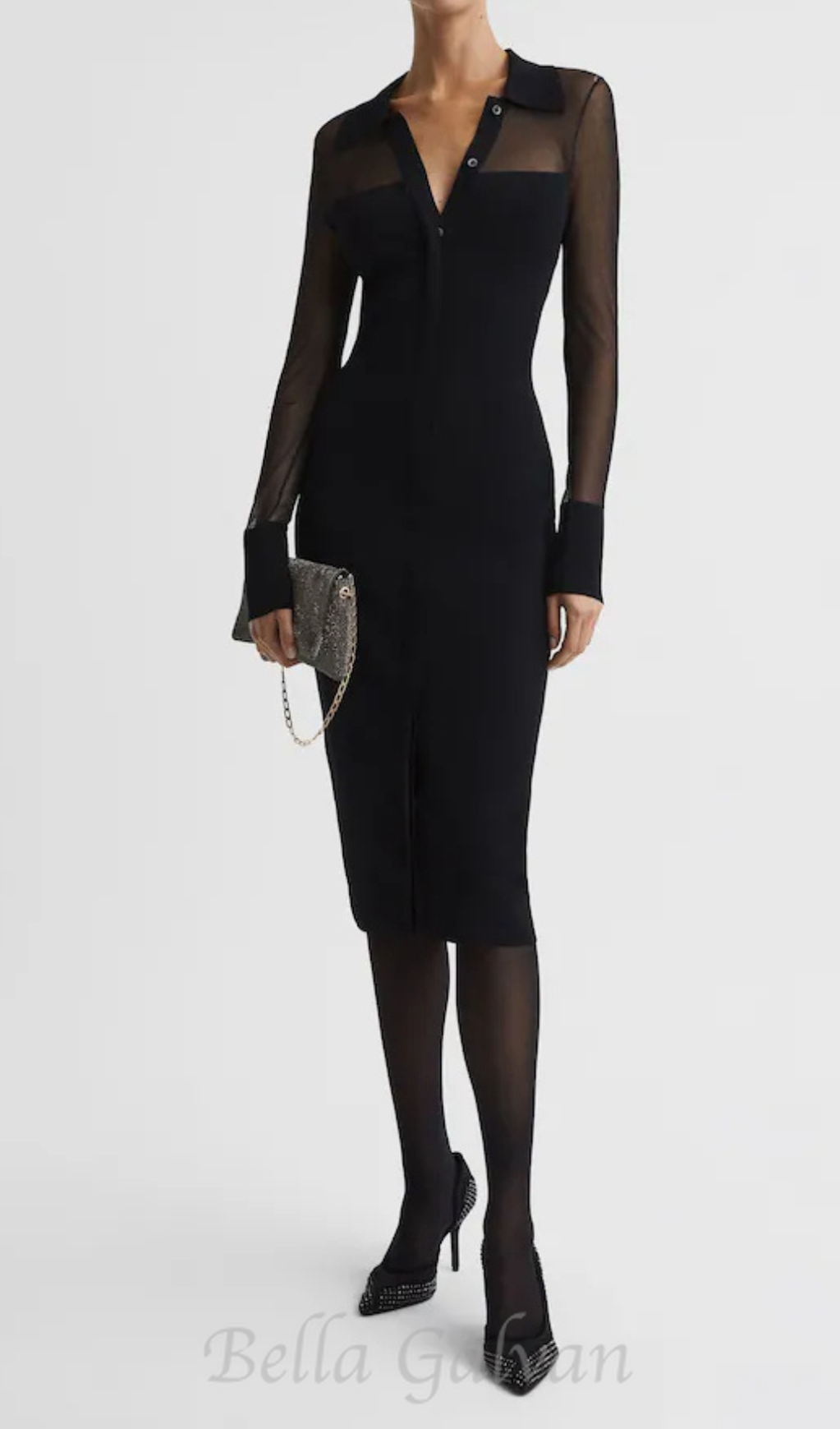Flowering Girl Women sheer knitted button-through midi dress in black