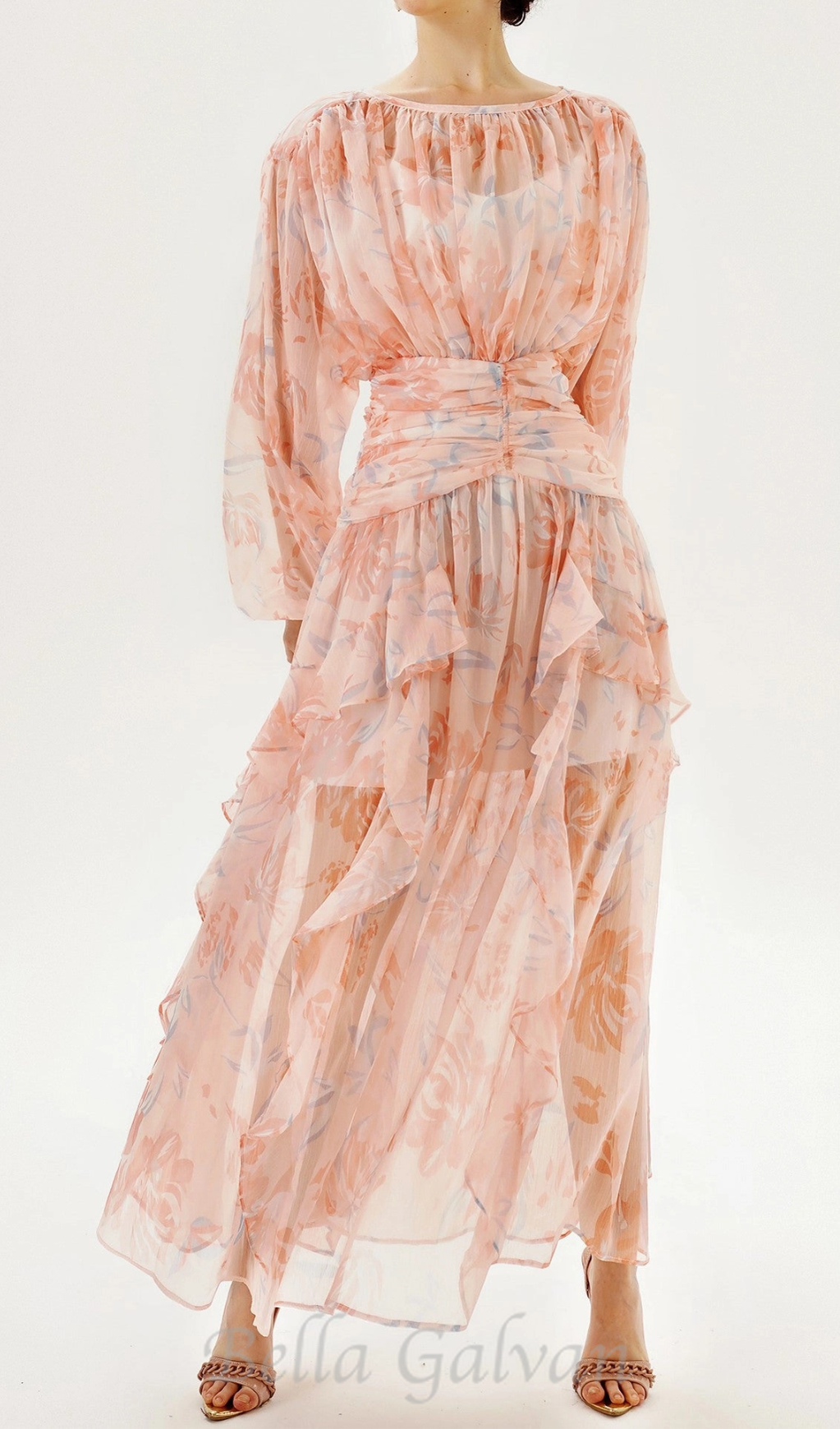 Flowering Girl Women puff long sleeve tiered ruffle hem maxi dress in pink