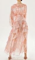 Flowering Girl Women puff long sleeve tiered ruffle hem maxi dress in pink