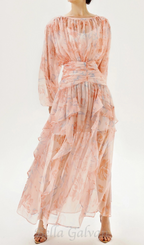 Flowering Girl Women puff long sleeve tiered ruffle hem maxi dress in pink