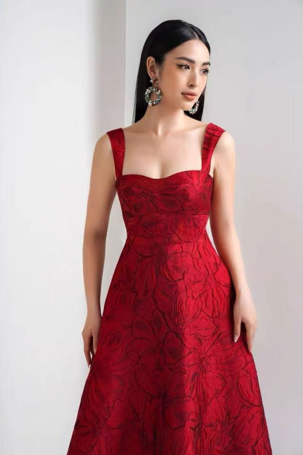 Burgundy Jacquard Camisole Midi Dress