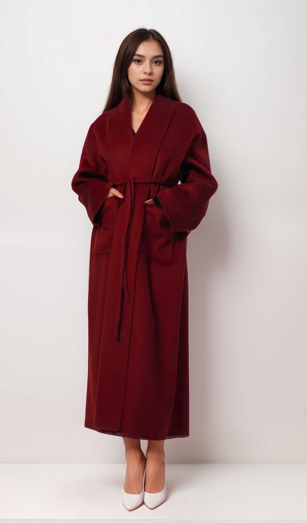 Flowering Girl Women Luxurious Deep Red Belted Wool Coat with Oversized Fit