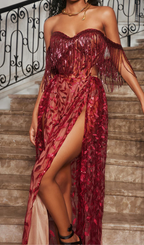 Flowering Girl Women belen Codruta Strapless Leafy Fringe Maxi Dress In Wine