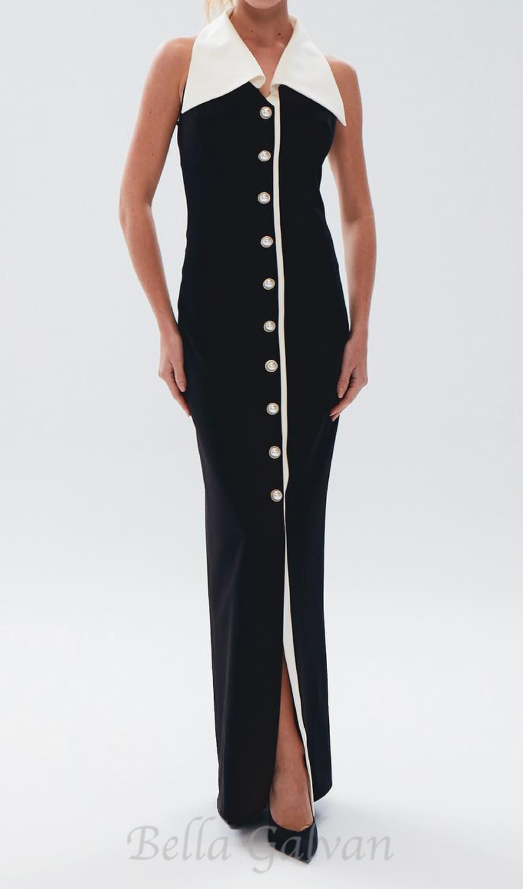 Flowering Girl Women pearl-button halter black maxi dress
