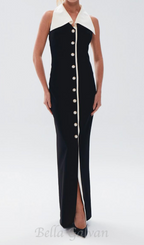 Flowering Girl Women pearl-button halter black maxi dress