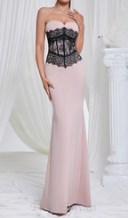 Flowering Girl Women Strapless black Lace Corset Maxi Dress in pink