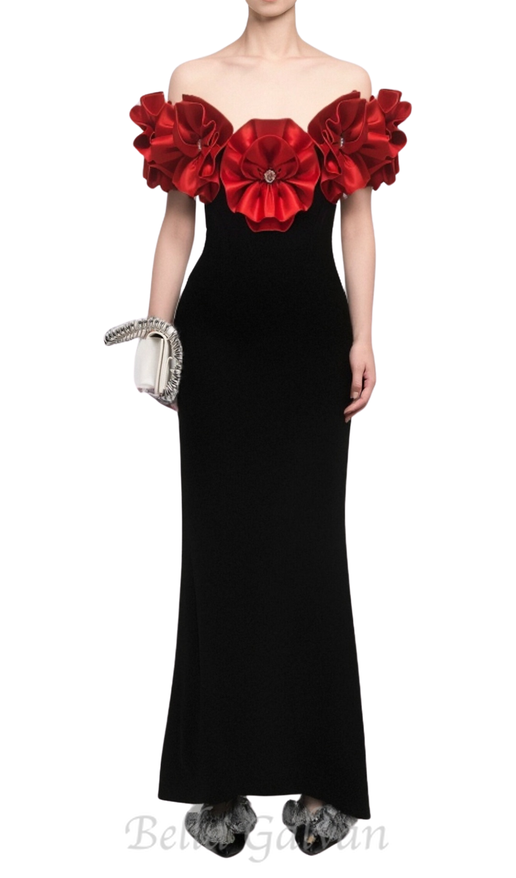 Flowering Girl Women red flower embellished strapless Bandage maxi dress