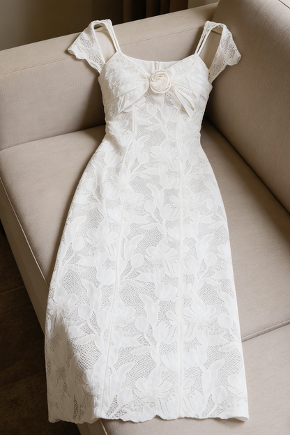 White Floral Lace Cold-Shoulder Midi Dress with 3D Rose