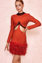 Flowering Girl Women RHINESTONE CUTOUT FEATHER BANDAGE DRESS IN RED