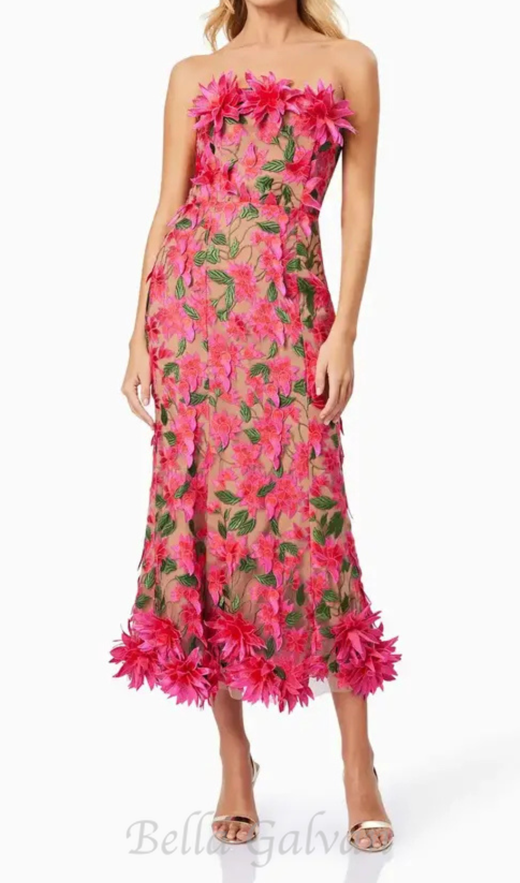Flowering Girl Women 3D flower embroidery strapless midi dress in rose red