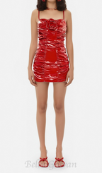 Flowering Girl Women Shiny Pleated 3D Flower mini Dress in red