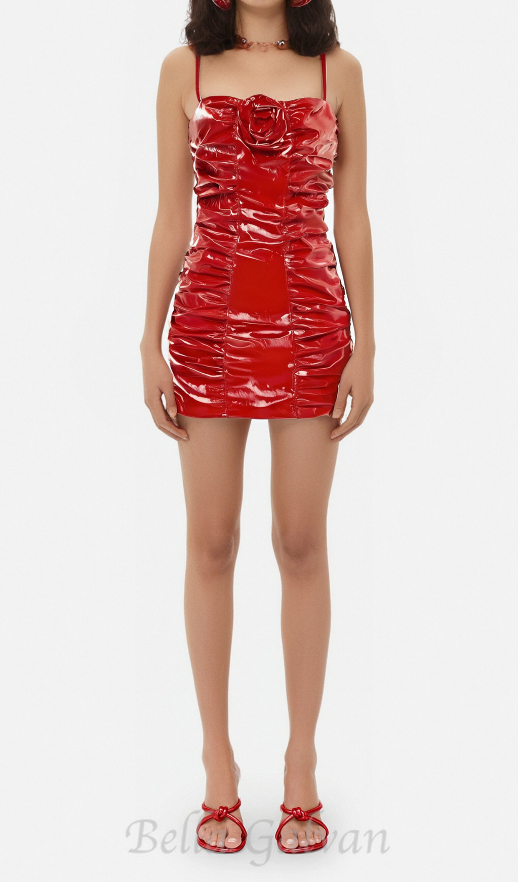 Flowering Girl Women Shiny Pleated 3D Flower mini Dress in red