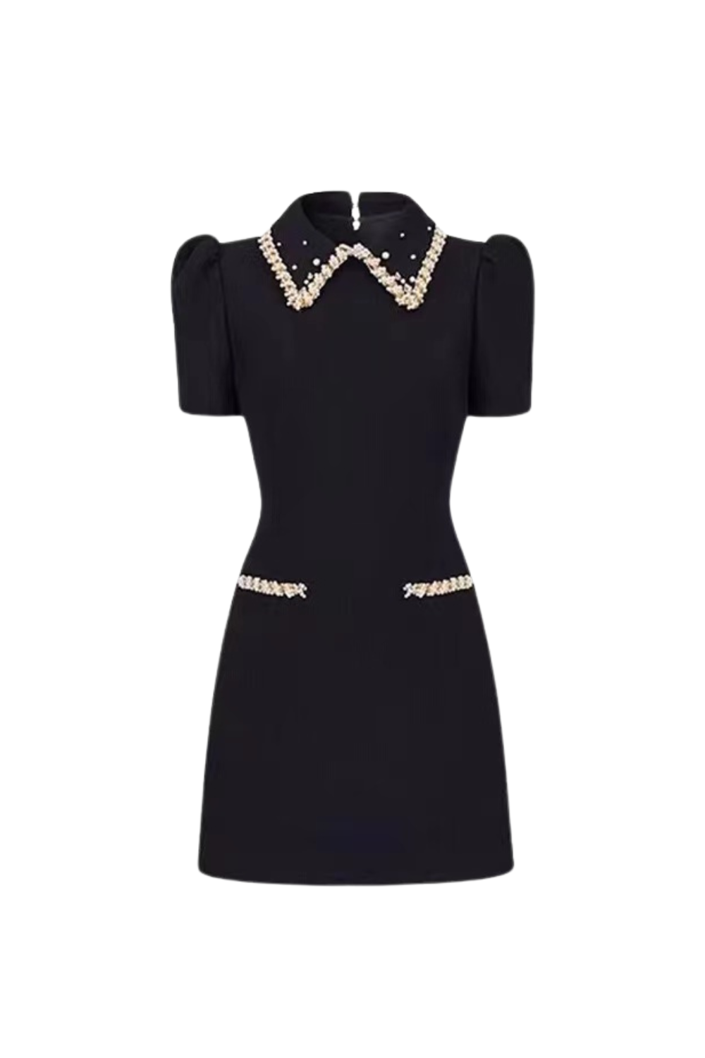 Flowering Girl Women pearl embellished gold chain puff mini dress in black