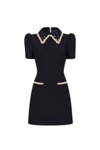 Flowering Girl Women pearl embellished gold chain puff mini dress in black
