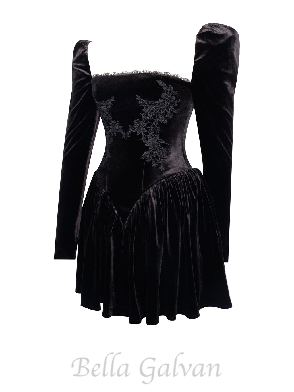 Flowering Girl Women Yolanda Black Velvet Long Sleeve Mini Dress with Lace Trim