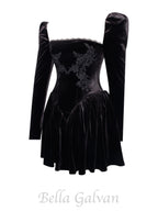 Flowering Girl Women Yolanda Black Velvet Long Sleeve Mini Dress with Lace Trim